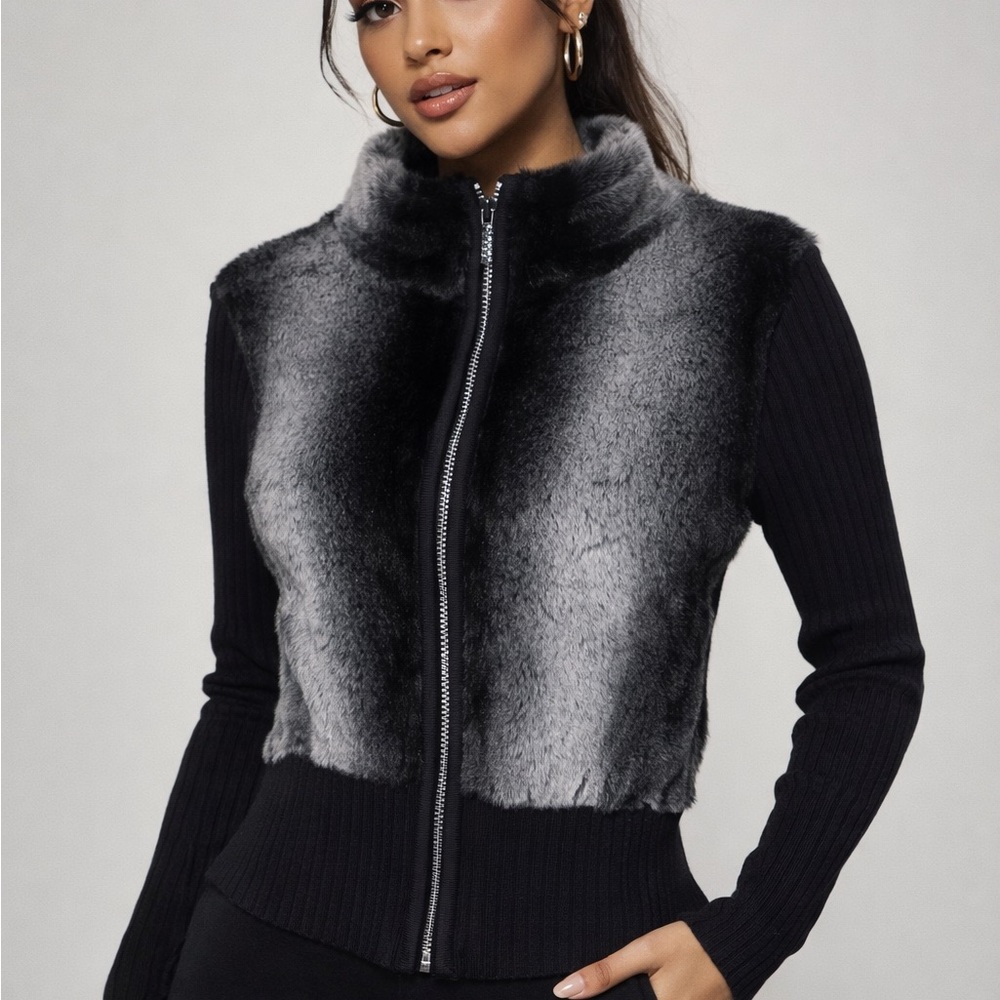 Belldini Black & Gray Faux-Fur Zip Front Jacket